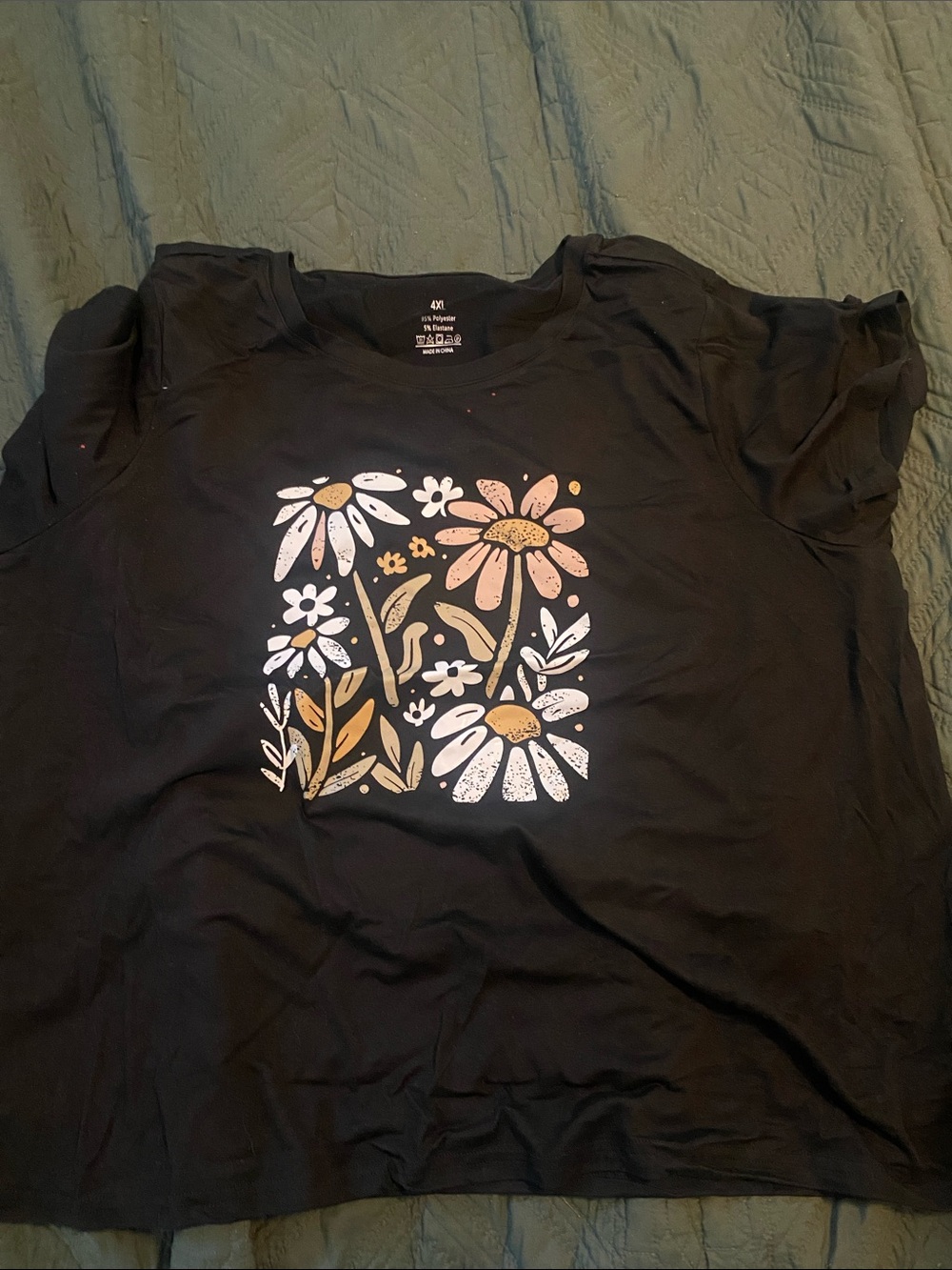 SHEIN Black Tee with White and Peach Floral Print